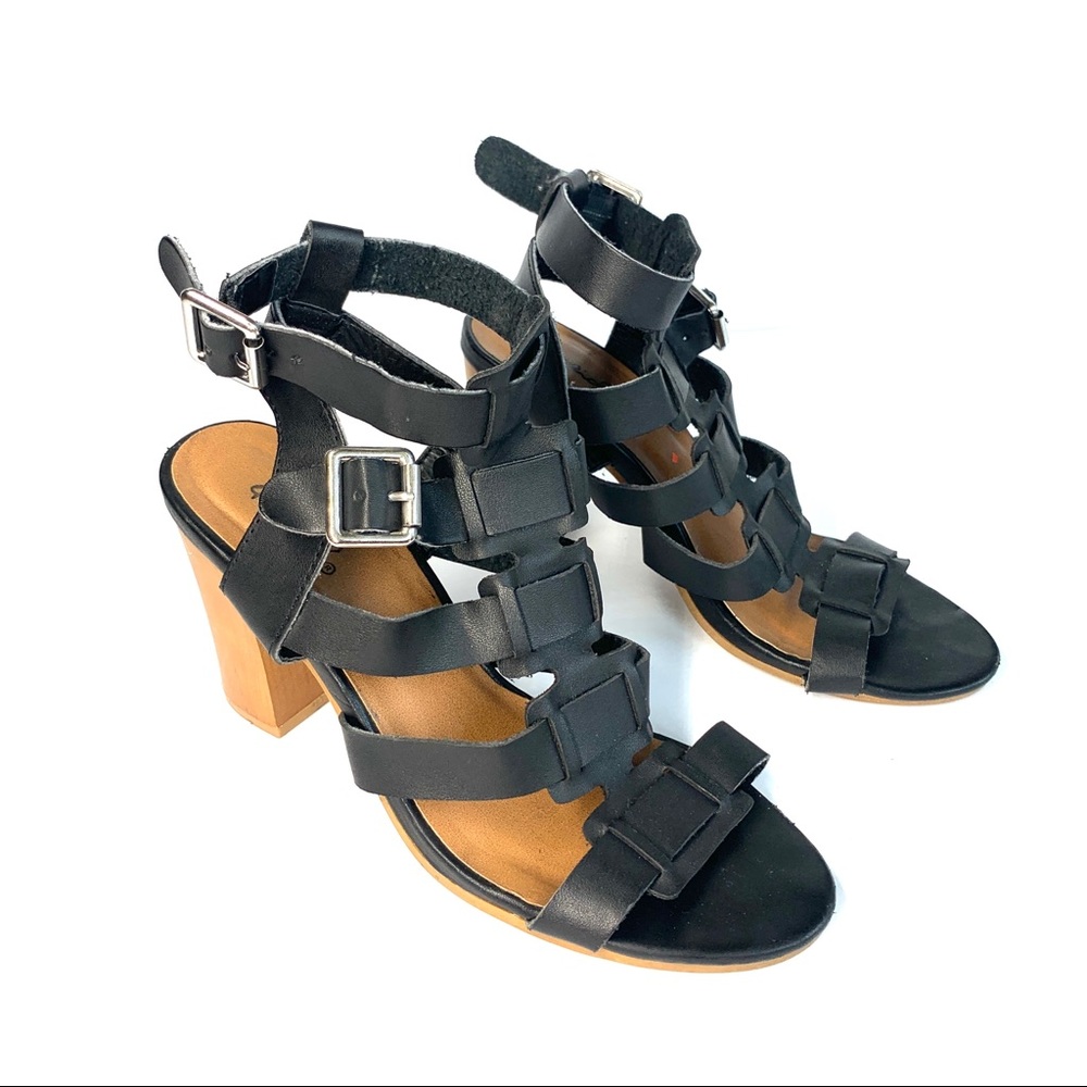 Black Strappy Woven Heel Sandals